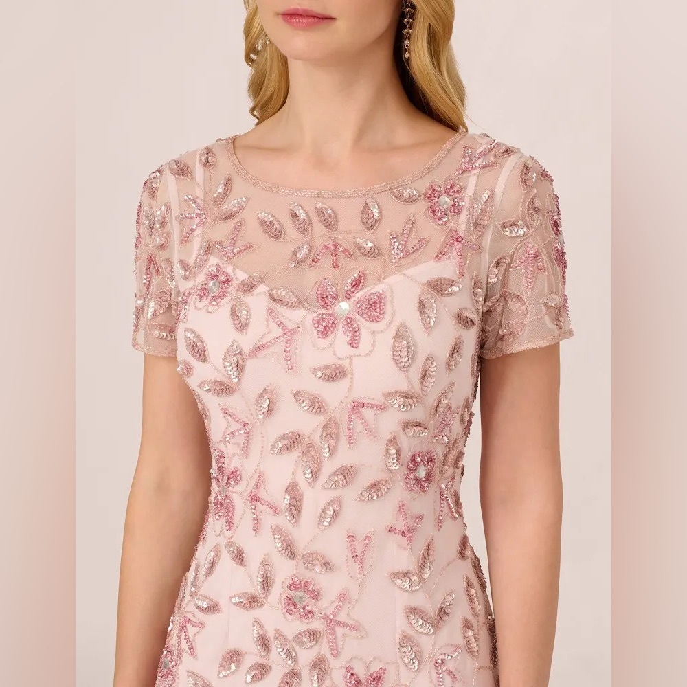 Adrianna Papell Elegant Pink Embroidered Evening Gown - Picture 3 of 13